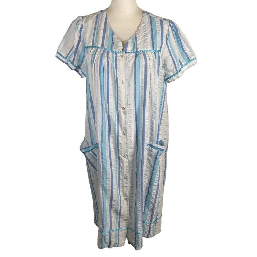 Basic Editions Robe Women's Medium White Blue Striped Short Sleeve Button Front